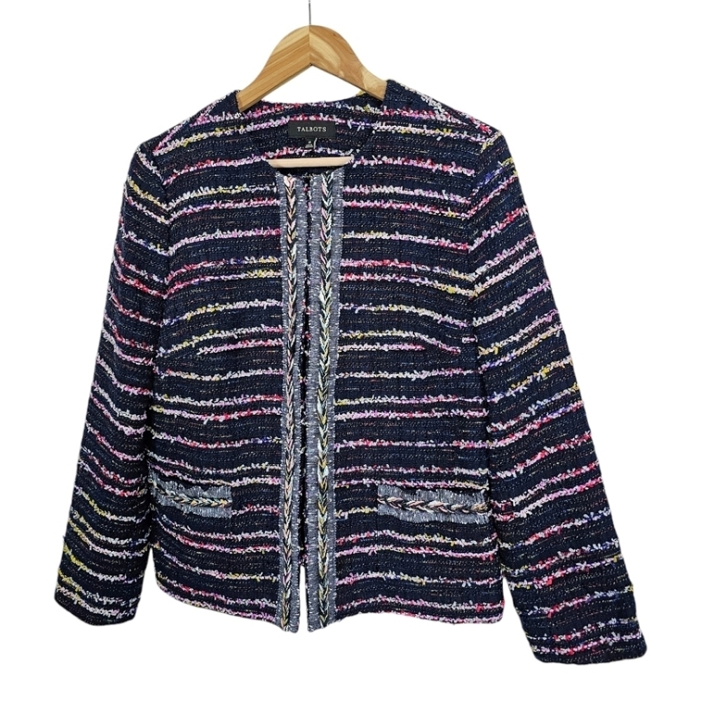 Talbots Fringe Tweed Blazer Jacket 16 Women Black Rainbow Career Business Casual - Picture 3 of 13